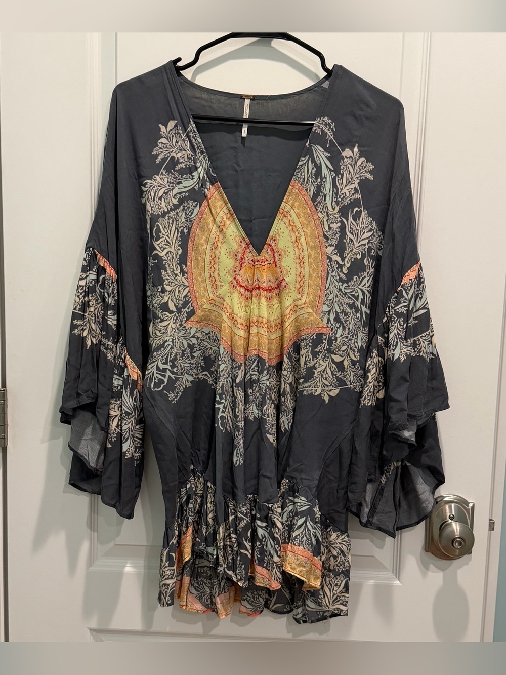 NWT Free People Sunset Dreams Printed Bell-Sleeve Tunic Black Gray Combo Size S